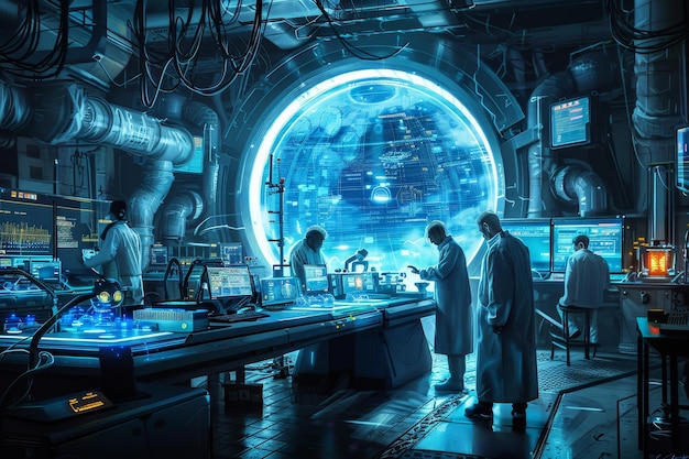 Photo futuristic laboratory with scientists and a holographic earth