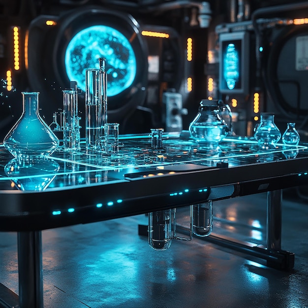 A futuristic laboratory with unknown scientific equipment and glowing materials