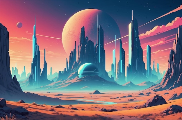 Futuristic landscape background in retro style