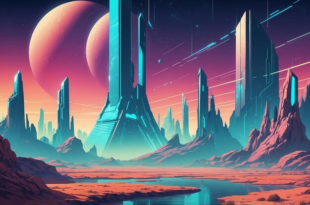 Futuristic landscape background in retro style