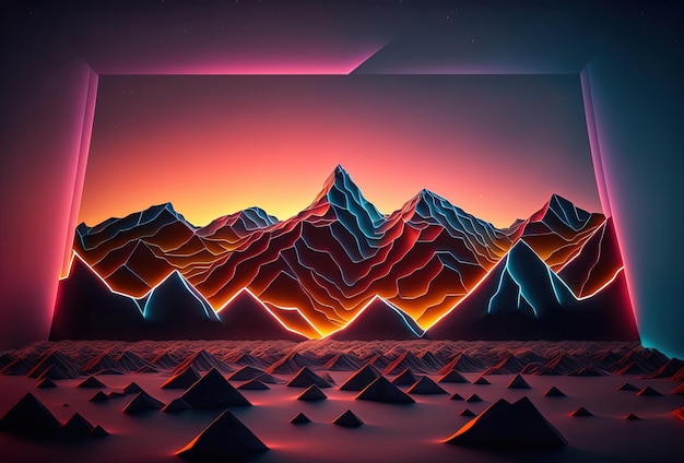 A futuristic landscape lowpolygon mountains illuminated by neon light on a gradient background Immersion in a surreal digital virtual cyber world 3D rendering AI generated