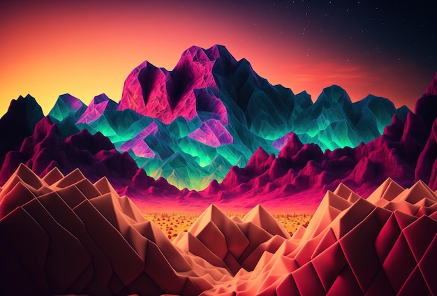 A futuristic landscape lowpolygon mountains illuminated by neon light on a gradient background Immersion in a surreal digital virtual cyber world 3D rendering AI generated