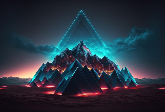 A futuristic landscape lowpolygon mountains illuminated by neon light on a gradient background Immersion in a surreal digital virtual cyber world 3D rendering AI generated