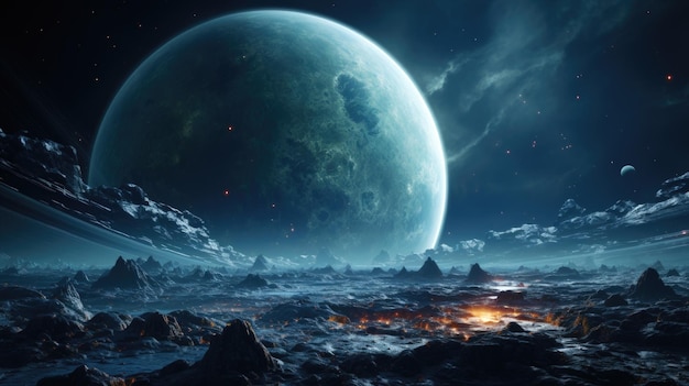 Futuristic Landscape with Glowing Planet in Dark Sky A Rocky Planet under the Shadow of Giant Planet