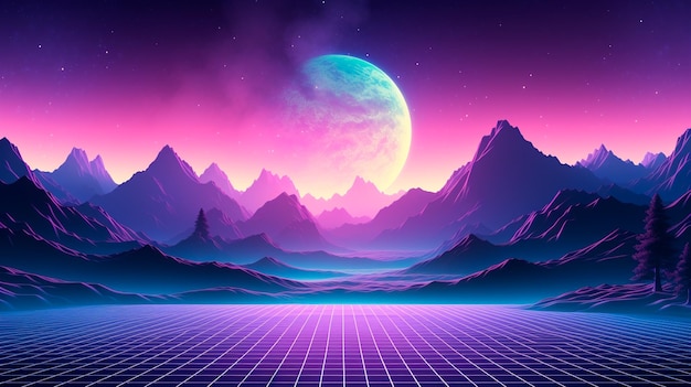 futuristic landscape with neon lights mountains and neon lines