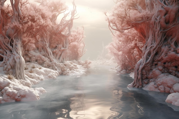 Futuristic landscape with a river and unusual whitepink plants