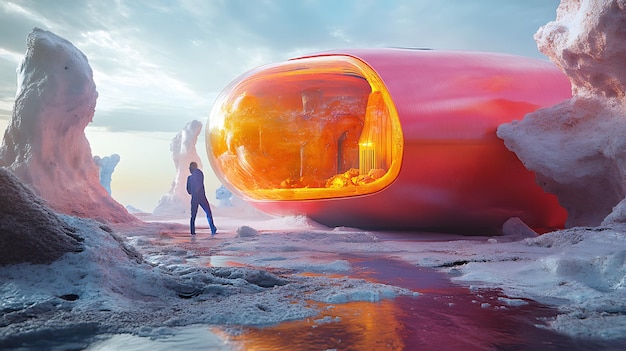 Photo futuristic landscape with a single figure and a glowing structure