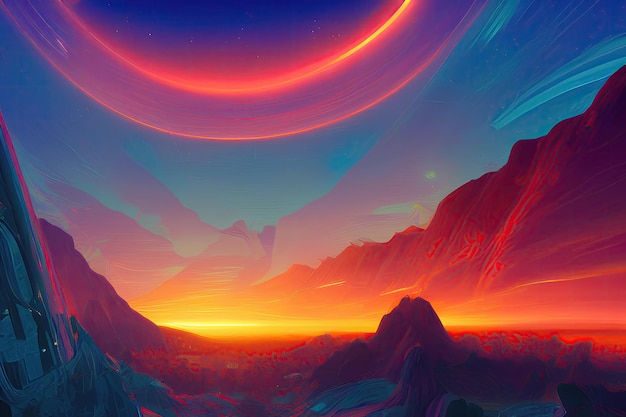 Futuristic landscape with sunset plants mountains and stars neo lights