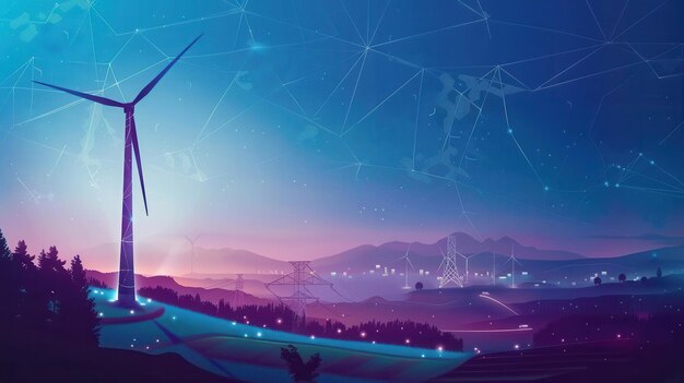 Photo futuristic landscape with wind turbine digital network overlay mountains and city skyline in the distance at twilight