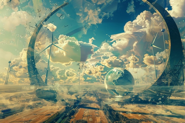 Futuristic landscape with wind turbines blue sky and ethereal clouds depicting a vision of sustainable energy and environmental harmony