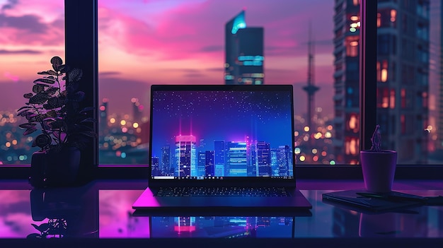 Futuristic Laptop in Office with Window View