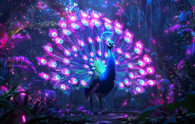 Futuristic laser eyed peacock with neon feathers displaying in a cyberpunk garden vibrant and exotic