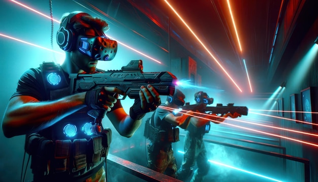 Photo futuristic laser tag arena with players wearing vr headsets