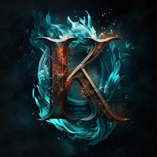 Futuristic letter K on a dark background with fire and smoke