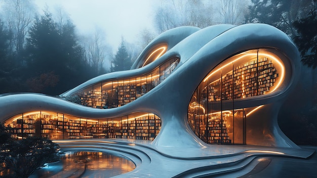 Photo futuristic library metallic bookcase spiraling shape nexus of knowledge each book emitting soft