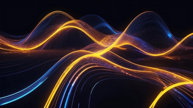 Futuristic light waves in blue and gold with a shimmering data like reflection