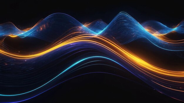 Futuristic light waves in blue and gold with a shimmering data like reflection