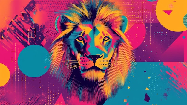 Futuristic lion design embodying Neo Brutalism with vibrant colors and geometric patterns