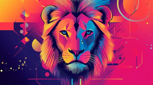 Futuristic lion poster showcasing Neo Brutalism with geometric patterns and vibrant neon colors