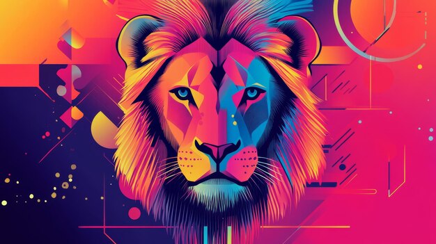 Photo futuristic lion poster showcasing neo brutalism with geometric patterns and vibrant neon colors