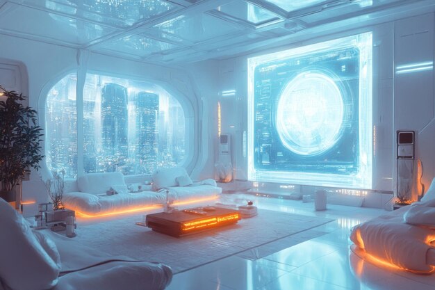 Futuristic living room with city view and holographic display