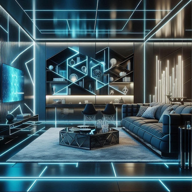 Photo futuristic living room with neon lighting background