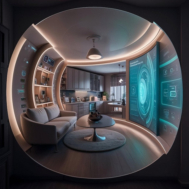 Photo futuristic living room with smart devices connected to the internet