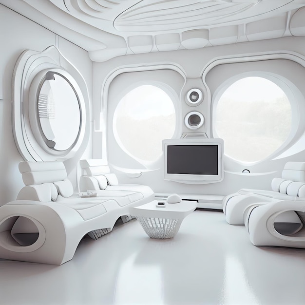 Futuristic living room with white walls and equipment in scifi futuristic interior created with gene