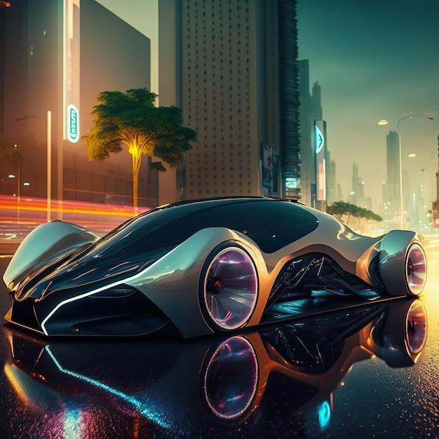 A futuristic looking car is on a wet road in the city.