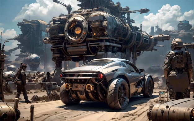 A futuristic looking car with a giant robot in the background.