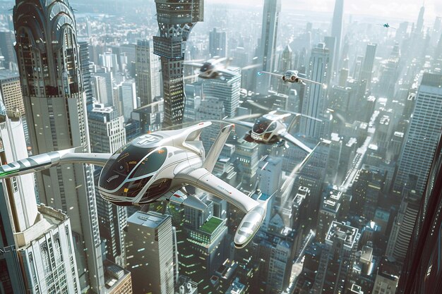 a futuristic looking plane flying over a city with a city in the background