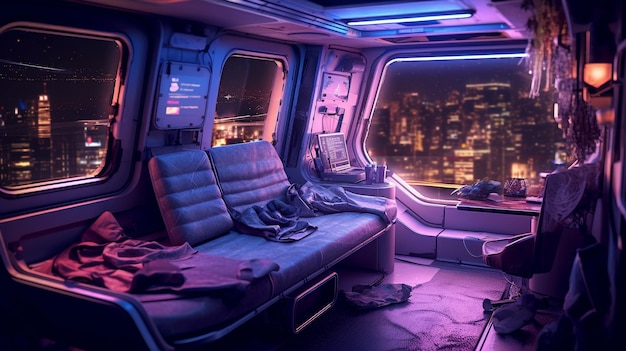 A futuristic looking room with a purple light on the ceiling and a window with the word cyberpunk on it.