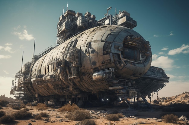 A futuristic looking ship sits in a desert.