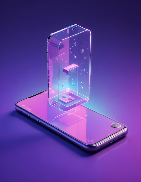 Futuristic looking smartphone in a purple environment with crystal holograms