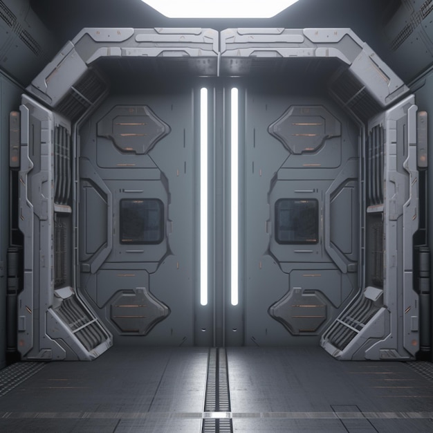 A futuristic looking space with a door that says'space'on it