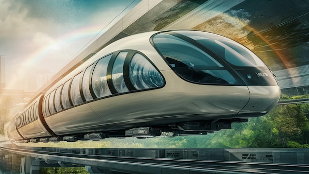 Photo a futuristic looking train is on the tracks