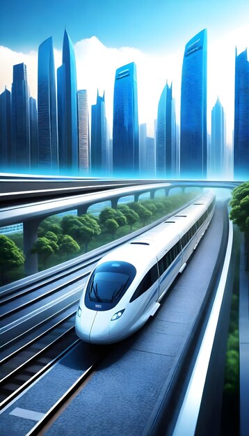 a futuristic looking train is traveling through a city