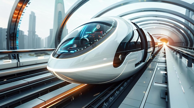 a futuristic looking train is traveling on the tracks