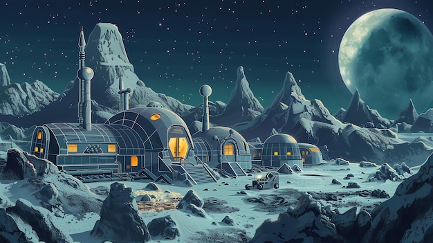 Photo a futuristic lunar base on a desolate moon landscape