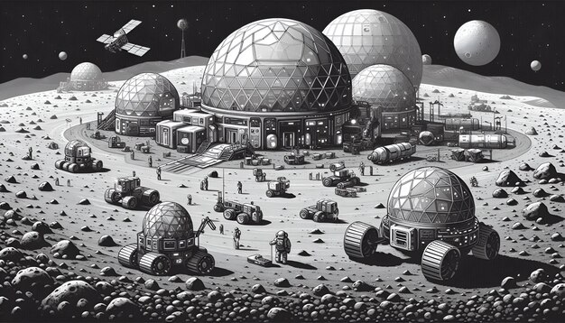 Futuristic Lunar Colony Vibrant Tech in a Grayscale Moon Landscape