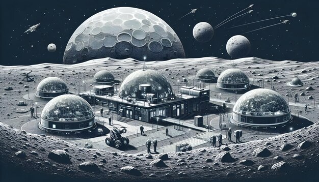 Futuristic Lunar Colony Vibrant Tech in a Grayscale Moon Landscape