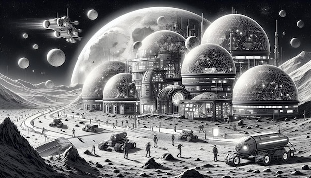 Futuristic Lunar Colony Vibrant Tech in a Grayscale Moon Landscape