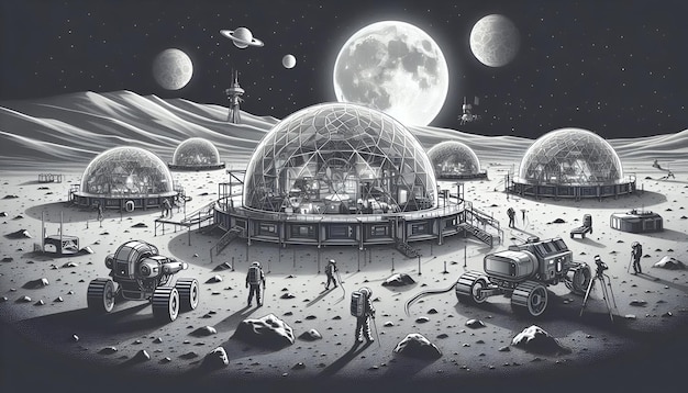 Futuristic Lunar Colony Vibrant Tech in a Grayscale Moon Landscape