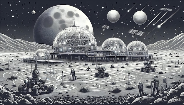 Futuristic Lunar Colony Vibrant Tech in a Grayscale Moon Landscape