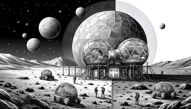 Futuristic Lunar Colony Vibrant Tech in a Grayscale Moon Landscape