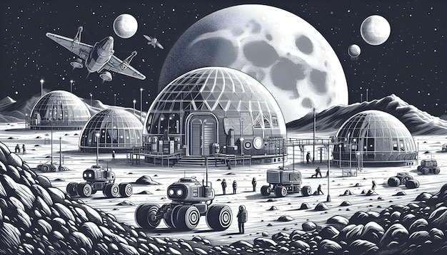 Futuristic Lunar Colony Vibrant Tech in a Grayscale Moon Landscape