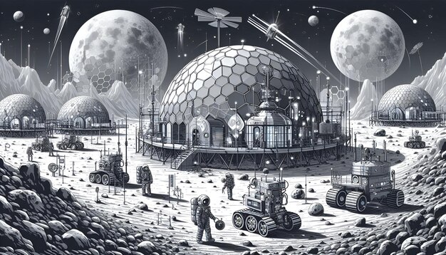 Futuristic Lunar Colony Vibrant Tech in a Grayscale Moon Landscape