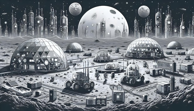 Futuristic Lunar Colony Vibrant Tech in a Grayscale Moon Landscape