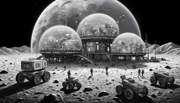 Futuristic Lunar Colony Vibrant Tech in a Grayscale Moon Landscape