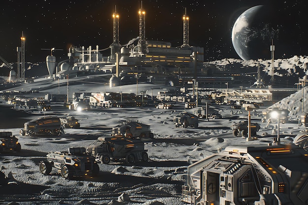 Futuristic Lunar Mining Colony with Earth in the Background